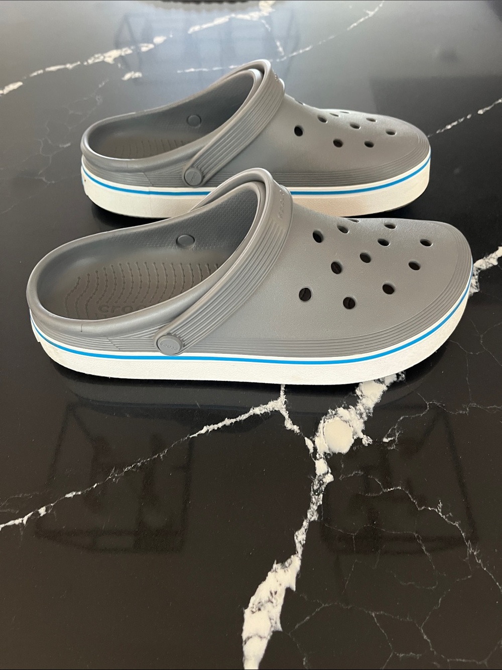 CROCS Classic Clog in Gray with Blue Accent {fit 10/10.5}